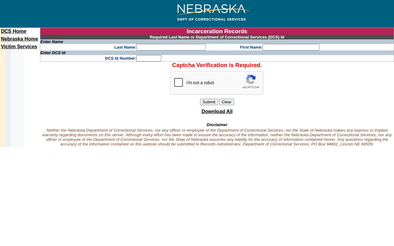 Hayes County state-custody record source through the NDCS inmate search