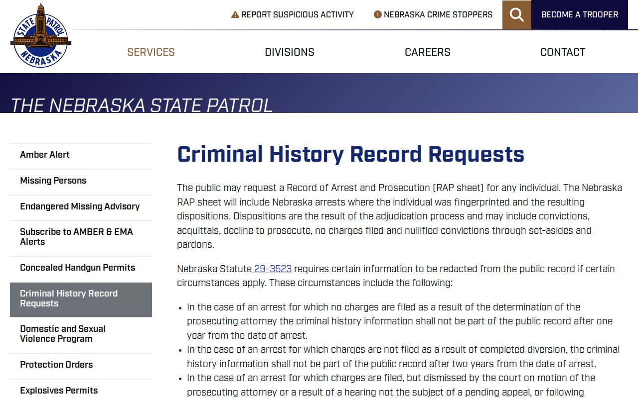 Hayes County statewide arrest-record request source through Nebraska State Patrol